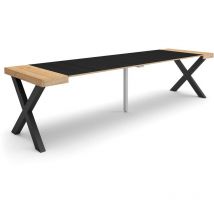 Skraut Home - Table console extensible, Console meuble, 300, Pour 14 personnes, Pieds bois massif, Style moderne, Chêne et noir