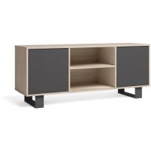 Skraut Home - TV-Möbel 140 mit 2 Türen, Wohn-/Esszimmer, Modell wind, Farbe Struktur Eiche, Farbe Türen Anthrazitgrau, Maße 137x40x57cm Höhe.