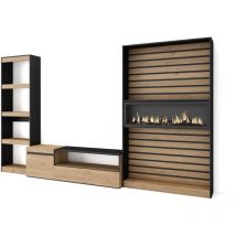 Skraut Home - Wohnwand Wohnzimmer, Wohnzimmermöbel, Möbelset, 320x186x35cm, Elektrokamin. Maße, Moderner Stil, Eiche Schwarz