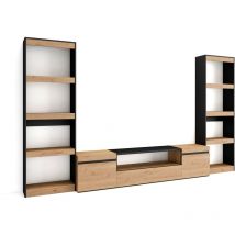 Skraut Home - Wohnwand Wohnzimmer, Wohnzimmermöbel, Möbelset, 320x186x35cm, Für TV-Geräte bis zu 80', Wohnzimmer Möbel , Moderner Stil, Eiche Schwarz