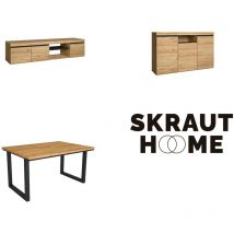 Skraut Home - Wohnzimmermöbel-Set, Tisch 140 U-Beine für 6 Personen, Lowboard 160, Sideboard / Buffetschrank 140, Eiche und Schwarz, Industrieller