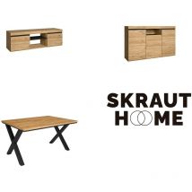 Wohnzimmermöbel-Set, Tisch 140 X-Beine für 6 Personen, Lowboard 140, Sideboard / Buffetschrank 140, Eiche und Schwarz, Industrieller Still - Skraut
