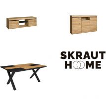 Skraut Home - Wohnzimmermöbel-Set, Tisch 170 Bicolour X-Beine 8 Personen, Lowboard 140, Sideboard / Buffetschrank 140, Eiche und Schwarz,