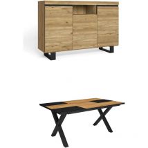 Wohnzimmermöbel Set, Tisch 170 Bicolour X-Beine 8 Personen, Sideboard / Buffetschrank 140 Tall, Eiche und Schwarz, Industrieller Stil - Skraut Home