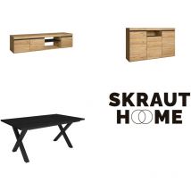 Wohnzimmermöbel-Set, Tisch 170 Schwarze X-Beine 8 Personen, Lowboard 160, Sideboard / Buffetschrank 140, Eiche und Schwarz, Industrieller Still