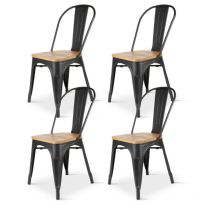 Kosmi - sku amz rupture - Conjunto de 4 sillas de metal negro mate y asiento de madera clara - Estilo industrial