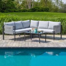 Skylantern - Ensemble Salon de Jardin Exterieur en Métal 5 Personnes, 2 Canapés modulables et Table de Jardin en Verre Inclus, Mobilier de Jardin