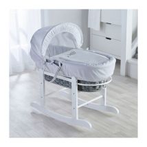 Kinder Valley - Sleepy Little Owl Grey Wicker Moses Basket with Rocking Stand Deluxe White, Quilt, Padded Liner, Body Surround & Adjustable Hood