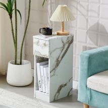 Slim Bedside Table Bedroom Nightstand with Open Shelf & Drawer, Narrow End Table Sofa Side Table for Living Room, Compact Wooden Lamp Table Telephone