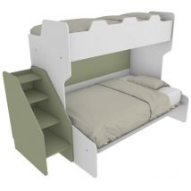 Mobilfino Camerette - Letto a castello 3 posti con terzo letto estraibile e scaletta contenitore - Una piazza e mezza - Bianco e Salvia