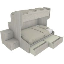 SMART120B - Lit superposé avec balcon arrière et lit simple et demi inférieur avec marches de rangement - Chêne de roche