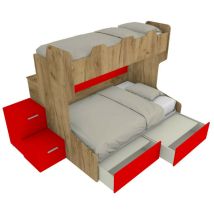 SMART120B - Lit superposé avec balcon arrière et lit simple et demi inférieur avec marches de rangement - Chêne et rouge