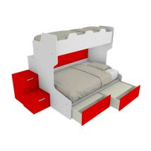 SMART120B - Lit superposé avec balcon arrière et lit simple et demi inférieur avec marches de rangement - Blanc et rouge