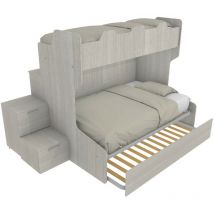 SMART120B - Lit superposé avec balcon arrière et lit simple et demi inférieur avec marches de rangement - Chêne de roche
