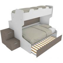 SMART120B - Lit superposé avec balcon arrière et lit simple et demi inférieur avec marches de rangement - Blanc et fumée