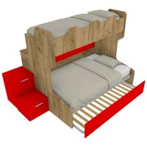 SMART120B - Lit superposé avec balcon arrière et lit simple et demi inférieur avec marches de rangement - Chêne et rouge