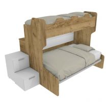 SMART120B - Lit superposé avec balcon arrière et lit simple et demi inférieur avec marches de rangement - Chêne et blanc