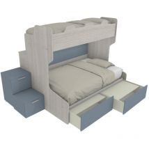 SMART120B - Lit superposé avec balcon arrière et lit simple et demi inférieur avec marches de rangement - Chêne Rock et Avio