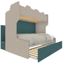 Mobilfino Camerette - Letto a castello salvaspazio con scala contenitore - 1 Piazza e mezza + singolo - Effetto Tessuto e Verde Petrolio