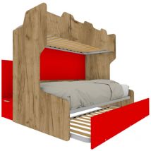 Letto a castello salvaspazio con scala contenitore - 1 Piazza e mezza + singolo - Quercia e Rosso