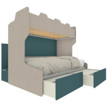 Mobilfino Camerette - Letto a castello salvaspazio con scala contenitore - 1 Piazza e mezza + singolo - Effetto Tessuto e Verde Petrolio