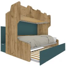 Mobilfino Camerette - Letto a castello salvaspazio con scala contenitore - 1 Piazza e mezza + singolo - Quercia e verde petrolio