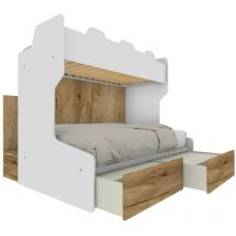SMART120G - Lit superposé avec lit inférieur queen et échelle de rangement arrière - Blanc et chêne