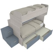 Smartb - Lit superposé avec passerelle arrière, échelle de rangement indépendante avec tiroirs - Chêne Rock et Avio