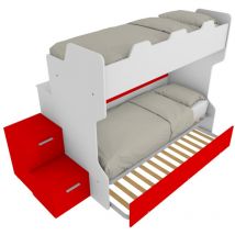 Smartb - Lit superposé avec passerelle arrière, échelle de rangement indépendante avec tiroirs - Blanc et rouge