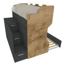 Mobilfino Camerette - Letto a castello con scala contenitore e terzo letto estraibile - Cameretta salvaspazio - Quercia e basalto