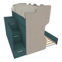 Smartg - Lit superposé avec échelle de rangement et deuxième lit extractible (ou tiroirs en alternative) - Effetto Tessuto e Verde Petrolio