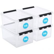 Scatole portaoggetti in plastica trasparente da 14 litri con coperchio, confezione da 4, rinforzate, per alimenti, bloccate a clip, impilabili e