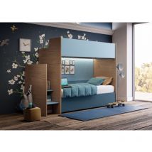 Lit superposé minimaliste avec troisième lit gigogne - Effet bois blanc et vert pomme