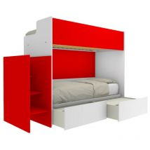 Lit superposé minimaliste avec troisième lit gigogne - Blanc et rouge