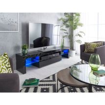 Mmt Furniture Designs Ltd - Modern Black 200cm Matt Gloss tv Stand Cabinet with Glass shelves Suitable for 55 65 70 75 80 Inch 4K led Flat Screen TV's