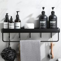 SnowNo Drilling Shower Shelf Bathroom Rack with Towel Rack Aluminum Hook Storage Rack for Shower and Kitchen Set 1 Piece Black