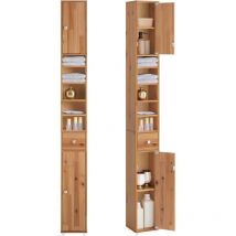 BZR34-SH Meuble Colonne Salle de Bain, Armoire de Rangement Placard de Rangement Étroite, 1 Tiroir, 2 Portes et 5 Compartiments Ouverts, Étagères