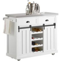 FKW94-W Design Küchenwagen mit Flaschenablage Küchenschrank mit 2 Schiebetüren und 2 Schubladen Kücheninsel mit Edelstahlplatte Sideboard Weiß bht