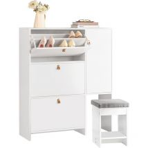 Sobuy - FSR107-W Schuhkipper mit 3 Klappen und 1 Tür Schuhschrank mit einem Hocker Schuhregal schmal Schuhkommode Schuhablage Weiß bht ca. 95x121x30cm
