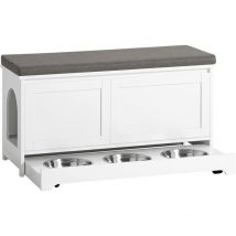 Sobuy - FSR136-W Banc de Rangement Banc à Chaussures avec 2 Portes et 3 Bols Intégrés Maison en Bois pour Chat avec Accès Latéral Meuble Litière Chat