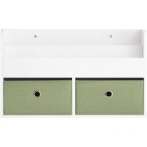 KMB81-W Étagères de Rangement Suspendue, Bibliothèque Murale pour Enfant, Étagère Murale pour Jouets et Livres à 2 Niveaux avec 2 Boîtes de