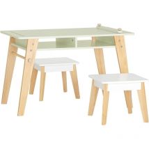 KMB92-GR Ensemble Table d'Enfant + 2 Tabourets pour Enfant, Set de 3 Pièces Table à Dessin pour Enfant avec 1 Porte-Rouleau de Papier et 2
