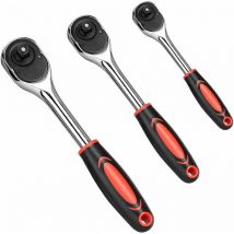 Jeu de 3 douilles 1/4', 3/8', 1/2' Clé à cliquet de qualité professionnelle avec poignée d'amortissement (rouge) - rw