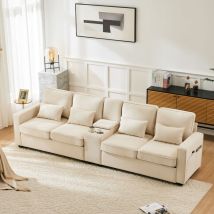 4-sitzer-sofa Mit Usb-anschluss, Getränkehalter, Taschen, Armlehnen, Kissen, Leinenbezug, Beige, 290 X 83 X 88 Cm