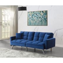 Sofa Bed 2 Seater Blue Velvet Click Clack Sofa Settee Recliner Couch with Metal Legs 2 Pillows