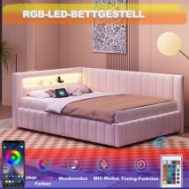 Rosahqnda - Sofá cama acolchado 140x200, acolchado de tela de velho con luz led y conexión de carga usb, con respaldo, cabeza y marco estable,Entrega