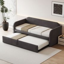 Sofá cama adulto 90/180x190 cm, somier de láminas, cama multifunción, lino, sin colchón, estilo minimalista, gris