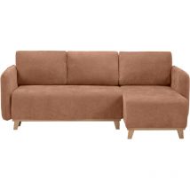 Miliboo - Sofá cama chaise longue reversible 3-4 plazas de tejido efecto aterciopelado terracota y madera clara romane