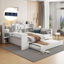 Modfu - Sofá cama infantil con escritorio y compartimento de almacenaje abierto, multifuncional, con cama nido, de madera, blanco, 140x200 cm