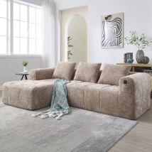 Sofá chaiselongue, sillón, con cojines, chenilla, Caqui, sofá de 3 plazas, 250x158x60 cm